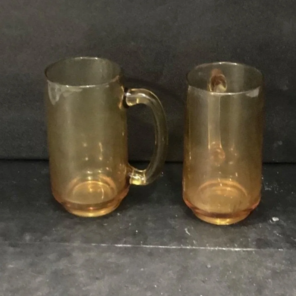 Hazel‎ Atlas Amber Beer Mugs, Set of 2, Vintage Stackable Glasses, Glass Steins